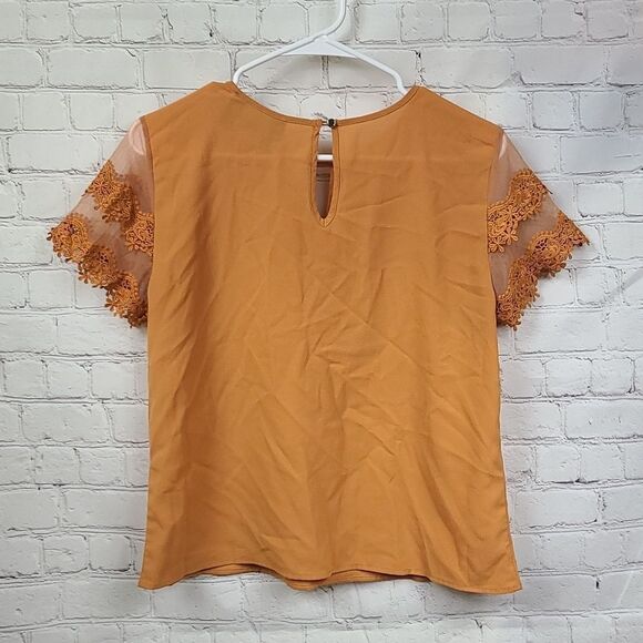 Women's Crochet Lace Mesh Short Sleeve Keyhole Mustard Yellow Crepe Blouse Top S - Picture 8 of 8